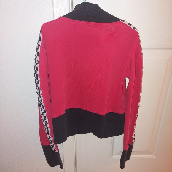 Red black & checkered skull & crossbones cropped moto sweatshirt - Picture 4 of 10